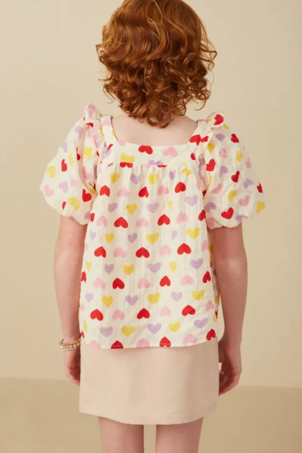 Girls Textured Ruffle Detail Heart Print Top