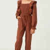 Girls Textured Smocked Bodice Ruffled Jumpsuit