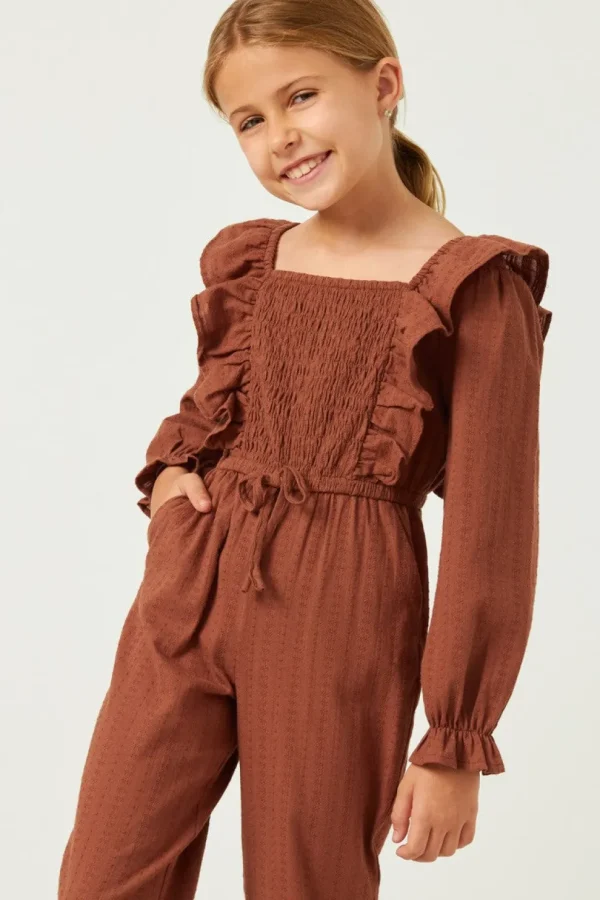Girls Textured Smocked Bodice Ruffled Jumpsuit