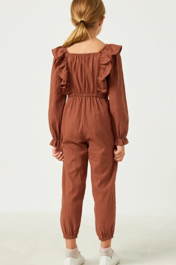 Girls Textured Smocked Bodice Ruffled Jumpsuit