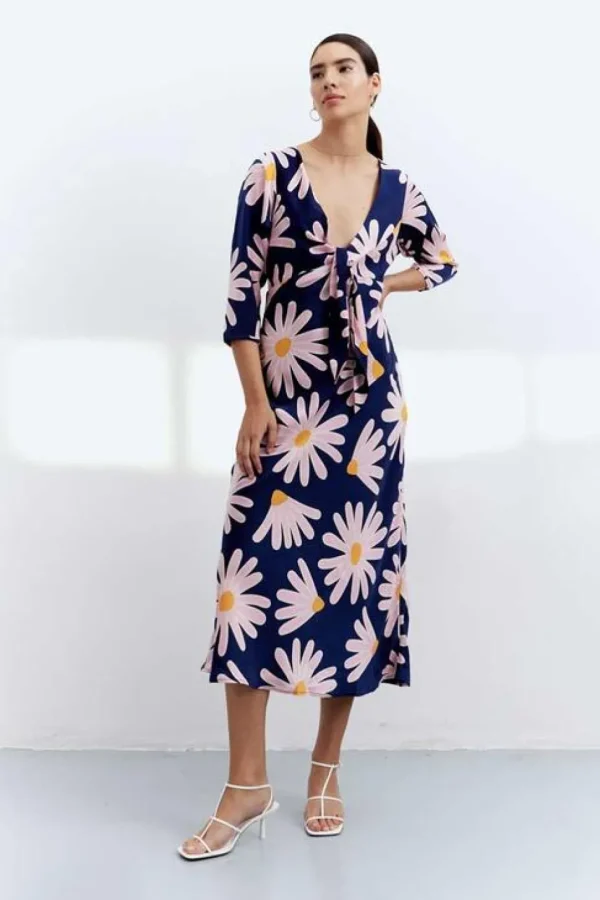Long Floral Tie Front Dress