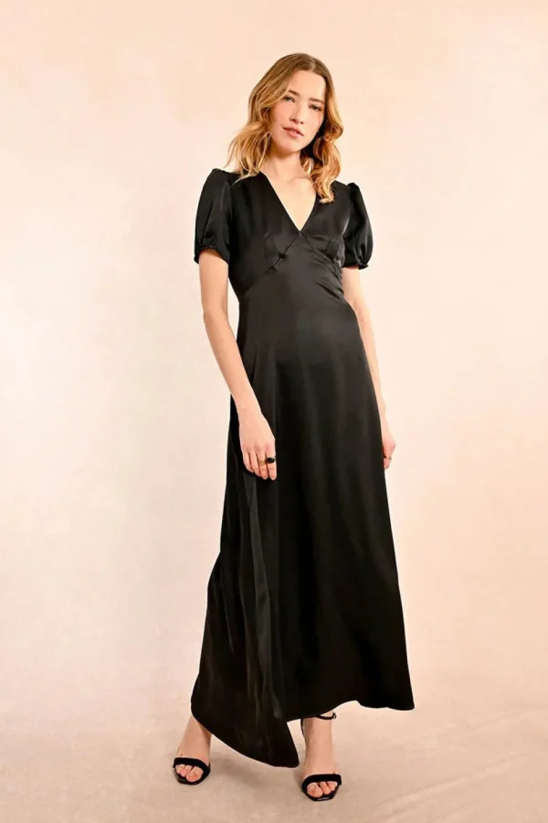 Long Satin Dress - Black