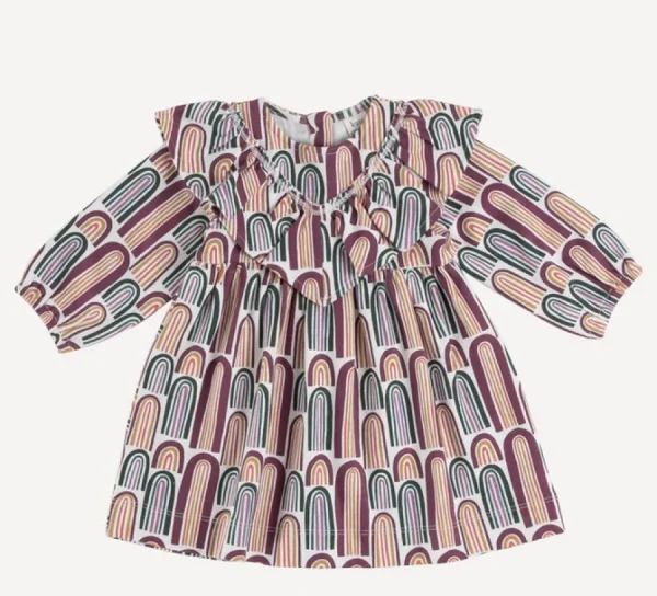 Long Sleeve V-Ruffle Dress - Jewel Rainbow