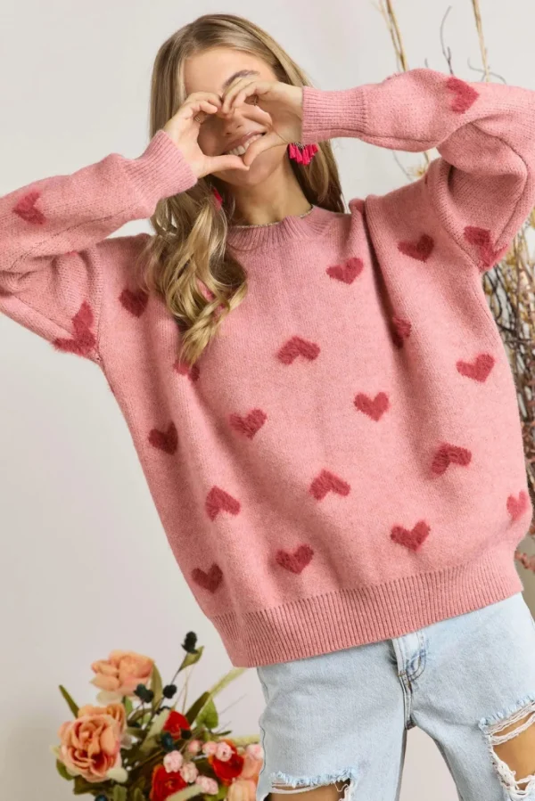Lovely Heart Sweater - Pink/Red