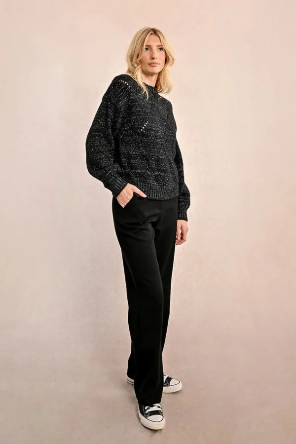 Openwork Pointelle Knit and Lurex Sweater - Black