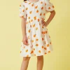 Orange Print Ruffle Sleeve Dress