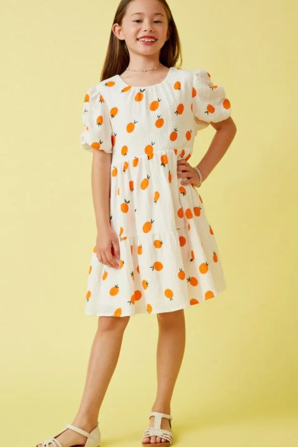 Orange Print Ruffle Sleeve Dress
