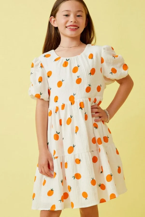Orange Print Ruffle Sleeve Dress