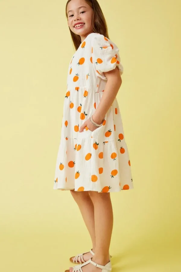 Orange Print Ruffle Sleeve Dress