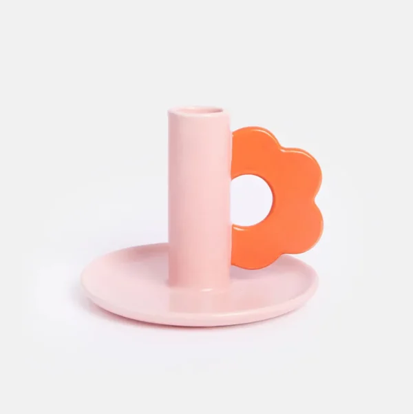 Pink/Red Flower Stoneware Candle Holder