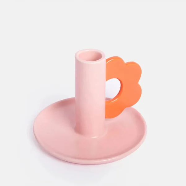 Pink/Red Flower Stoneware Candle Holder