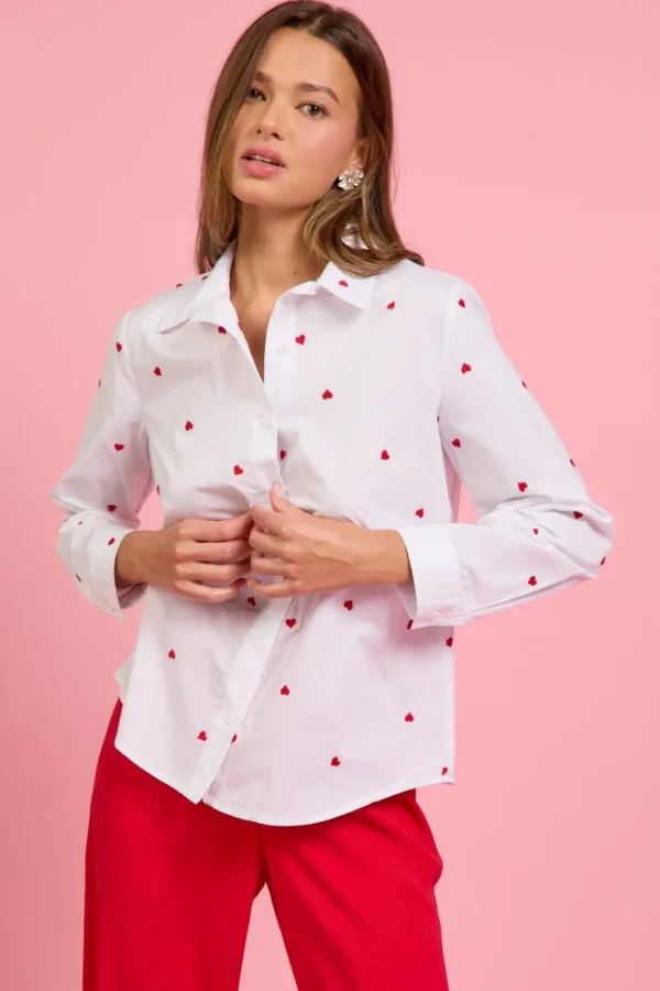 Poplin Heart Embroidery Shirt - White