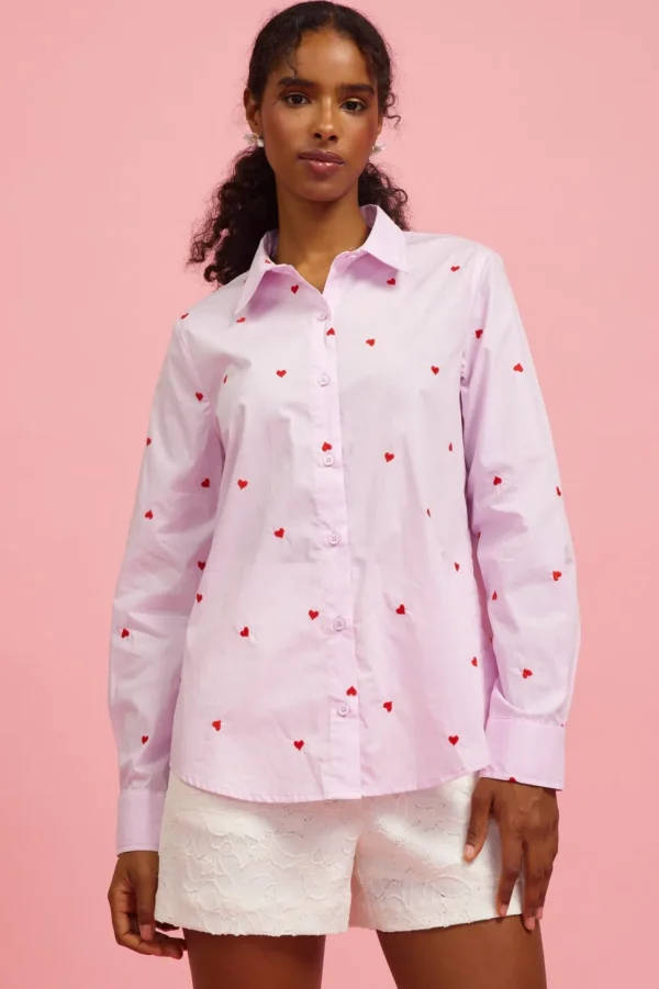 Poplin Heart Embroidery Shirt - Lavender/Red