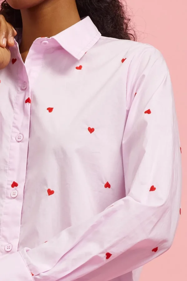 Poplin Heart Embroidery Shirt - Lavender/Red