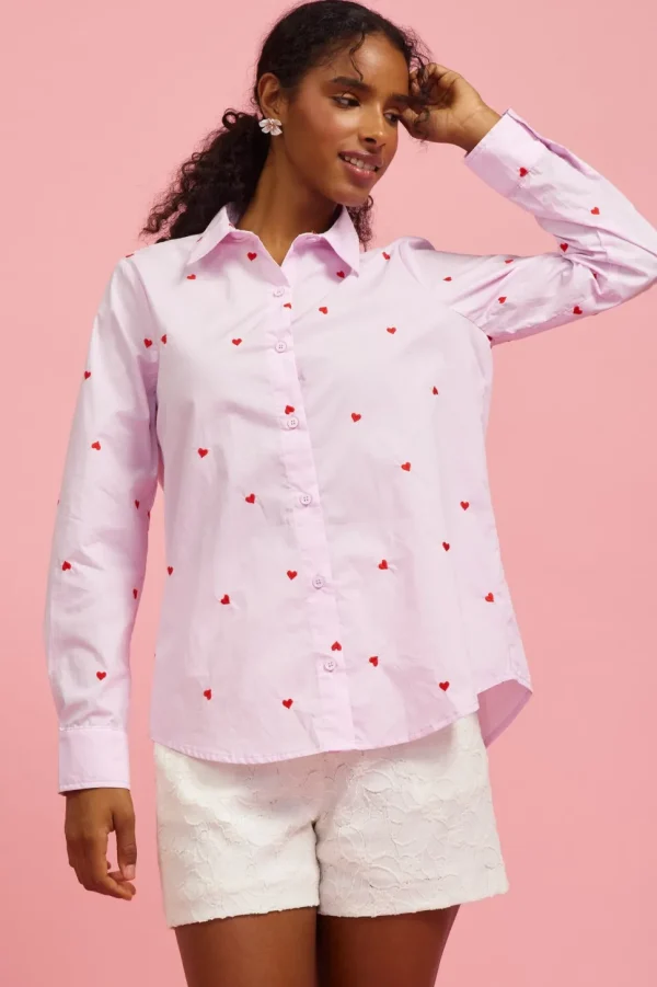 Poplin Heart Embroidery Shirt - Lavender/Red