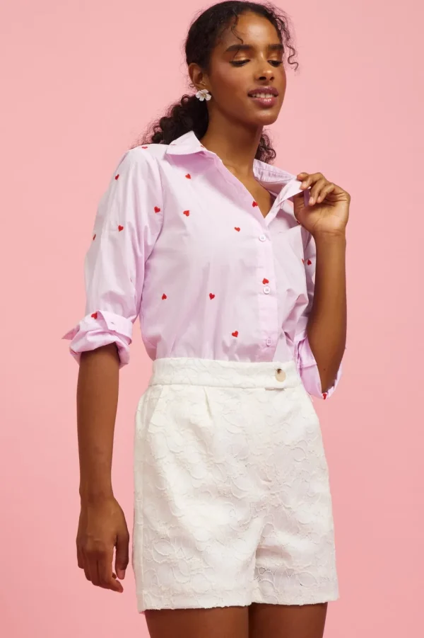 Poplin Heart Embroidery Shirt - Lavender/Red