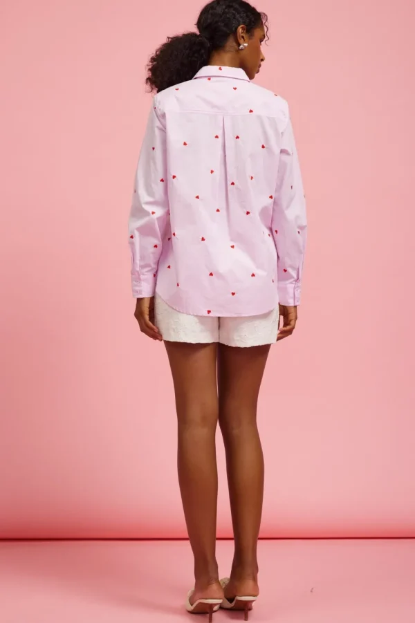 Poplin Heart Embroidery Shirt - Lavender/Red