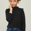 Ribbed Ruffle Mock Neck Long Sleeve Top - Black