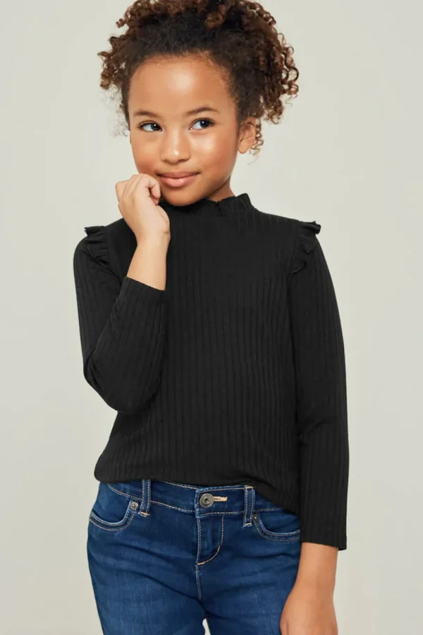 Ribbed Ruffle Mock Neck Long Sleeve Top - Black