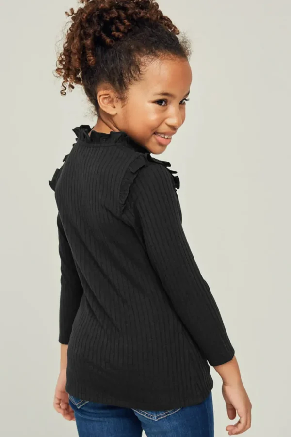 Ribbed Ruffle Mock Neck Long Sleeve Top - Black
