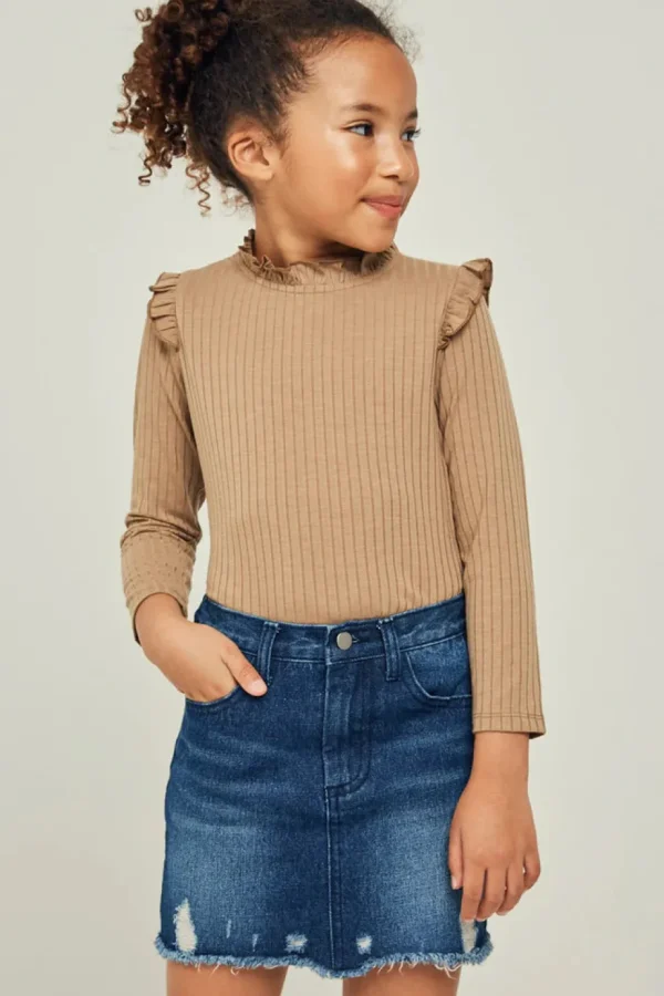 Ribbed Ruffle Mock Neck Top