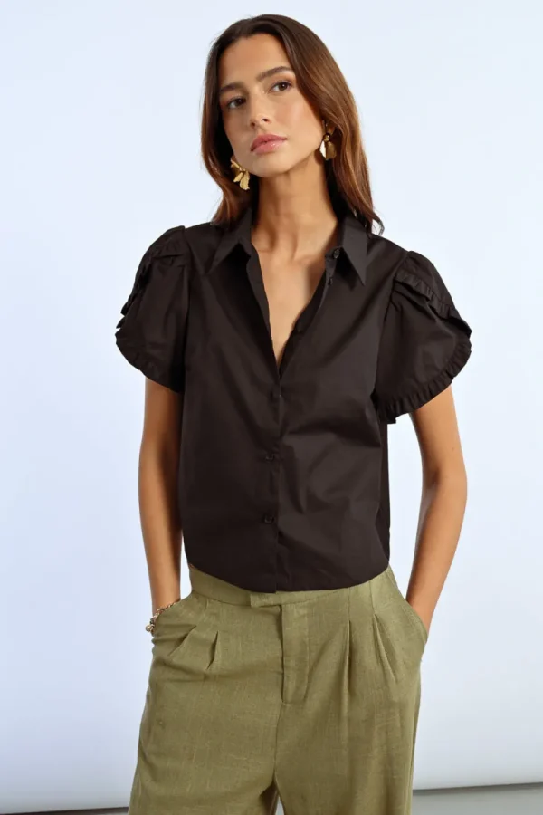 Ruffle Detail S/S Shirt - Black