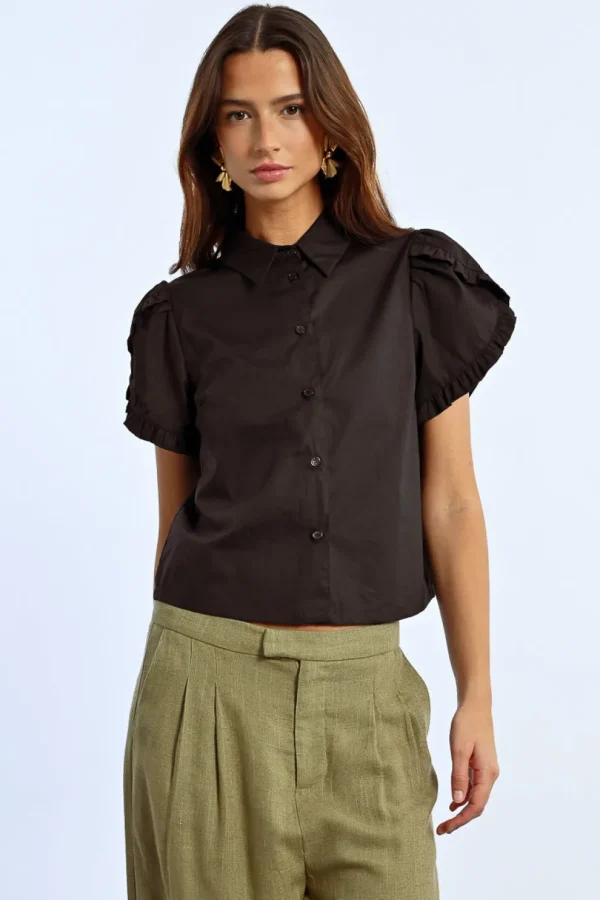 Ruffle Detail S/S Shirt - Black