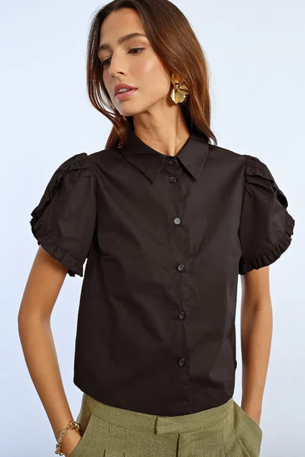 Ruffle Detail S/S Shirt - Black