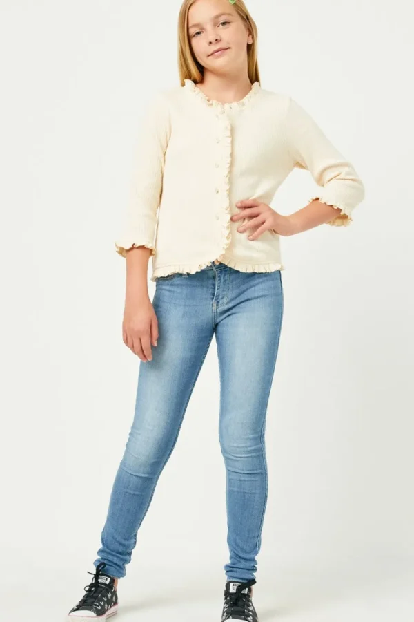 Ruffle Ribbed Knit Buttoned Cardigan