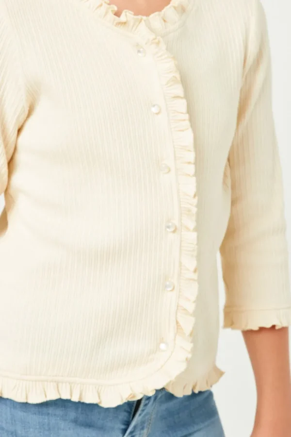 Ruffle Ribbed Knit Buttoned Cardigan