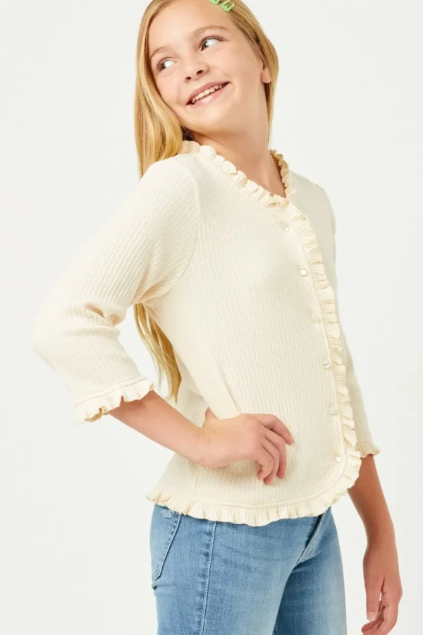 Ruffle Ribbed Knit Buttoned Cardigan