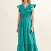 Ruffled V-Neck Dress - Green