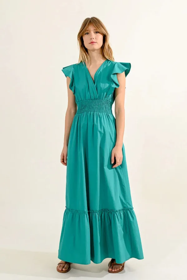 Ruffled V-Neck Dress - Green