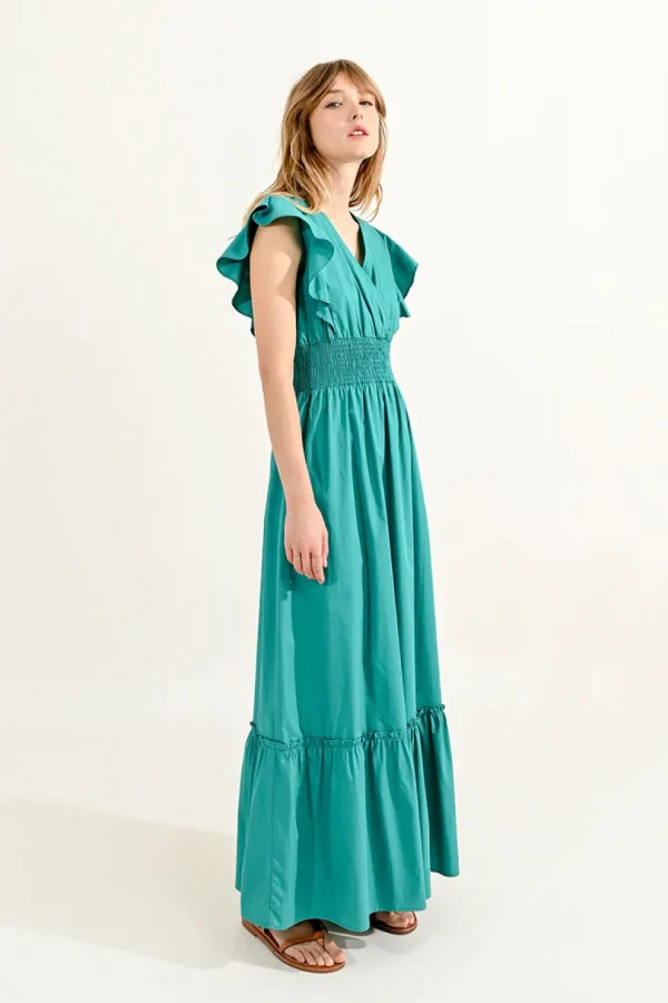 Ruffled V-Neck Dress - Green
