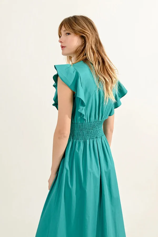 Ruffled V-Neck Dress - Green
