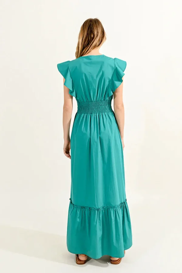 Ruffled V-Neck Dress - Green