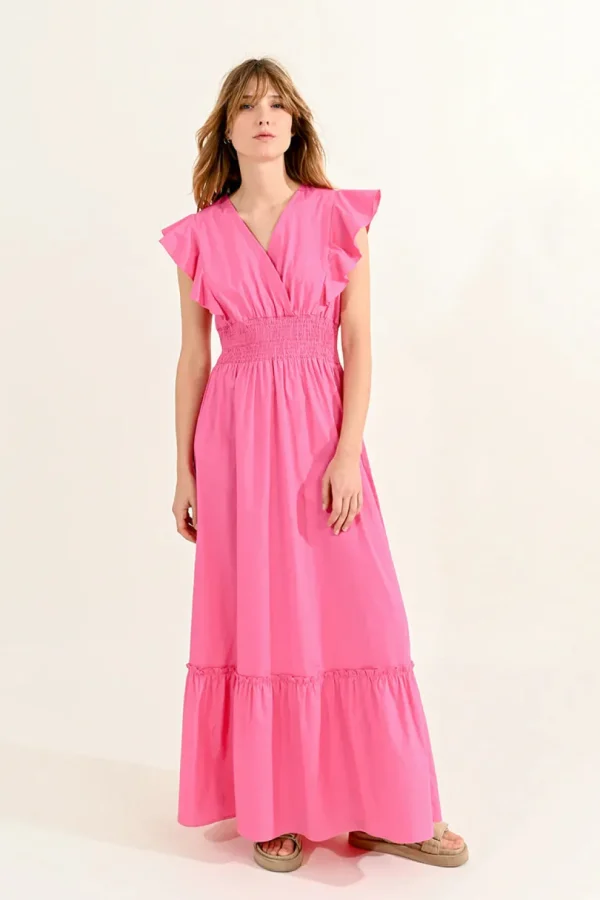 Ruffled V-Neck Dress - Pink