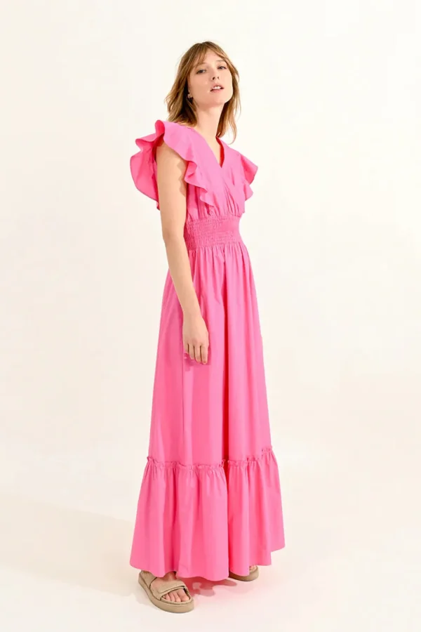 Ruffled V-Neck Dress - Pink