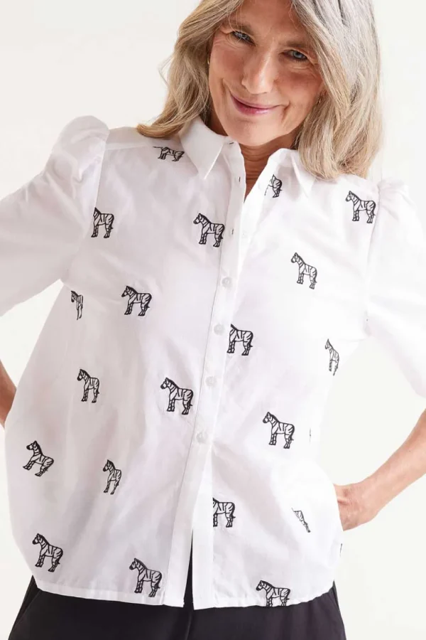 Short Sleeve Embroidered Zebra Print Shirt