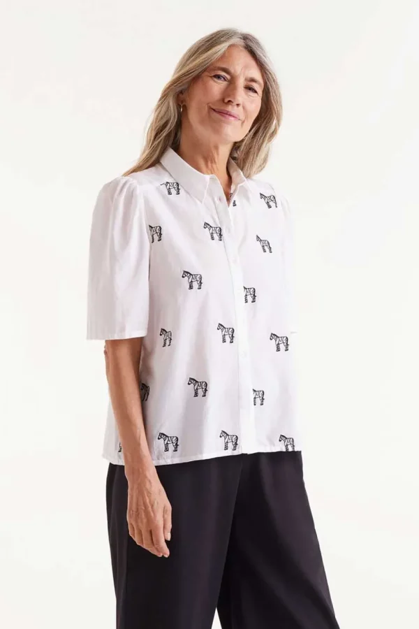Short Sleeve Embroidered Zebra Print Shirt