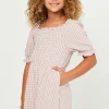 Smocked Puff Sleeve Checkered Dress