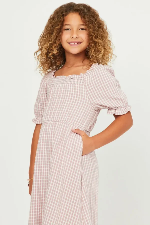 Smocked Puff Sleeve Checkered Dress