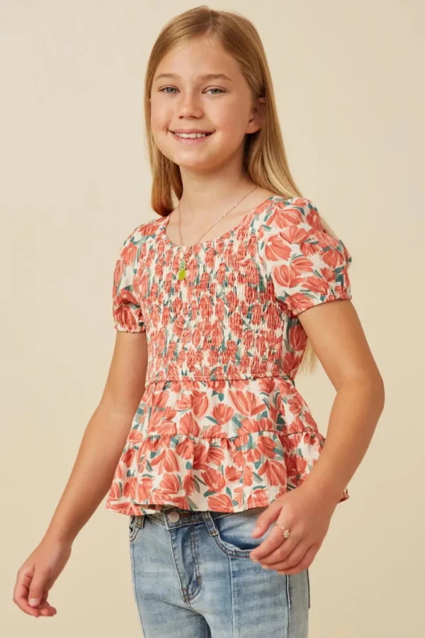 Smocked Puff Sleeve Peplum Top