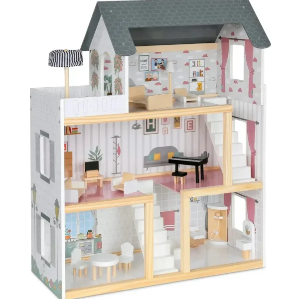 3-Story Wooden Doll House Set W/Elevator, Balcony & Stairs