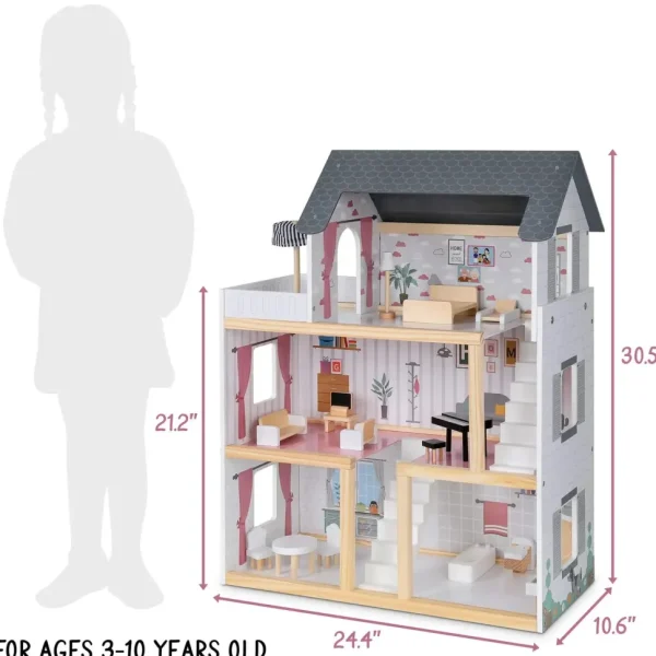 3-Story Wooden Doll House Set W/Elevator, Balcony & Stairs