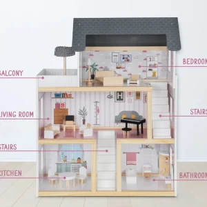 3-Story Wooden Doll House Set W/Elevator, Balcony & Stairs