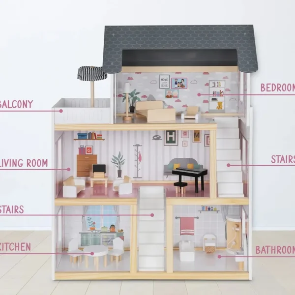 3-Story Wooden Doll House Set W/Elevator, Balcony & Stairs
