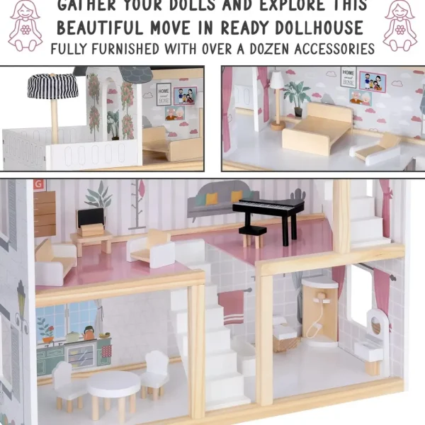 3-Story Wooden Doll House Set W/Elevator, Balcony & Stairs