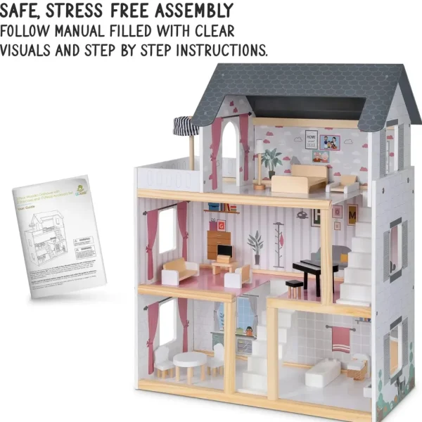 3-Story Wooden Doll House Set W/Elevator, Balcony & Stairs