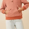 Striped Kangaroo Pocket Long Sleeve Henley - Rust
